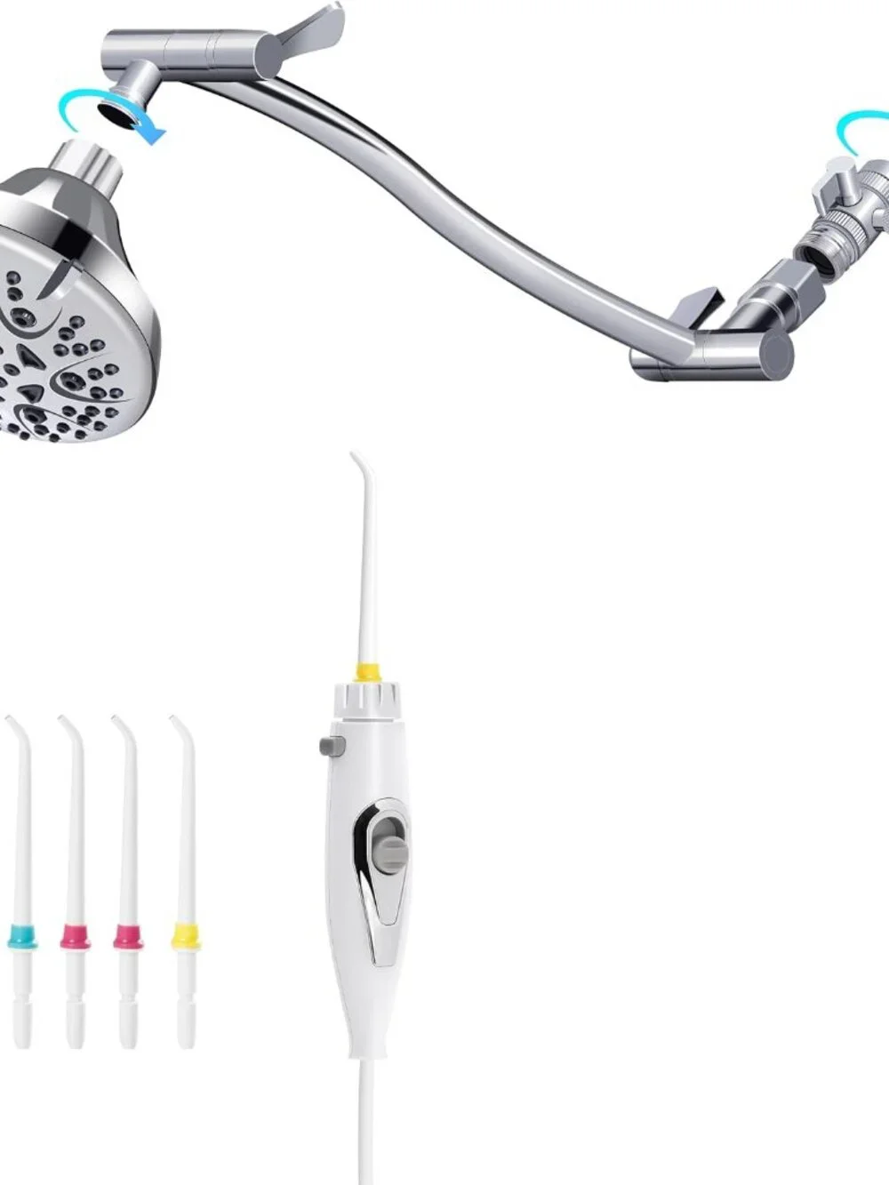 Chrome Adjustable Shower Head with White Handheld Oral Irrigator